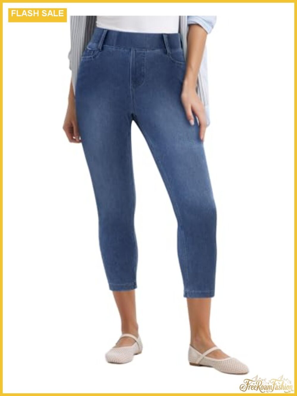 High Waisted Capri Skinny Jeggings Pull On Elastic Waist Stretchy Denim Capris